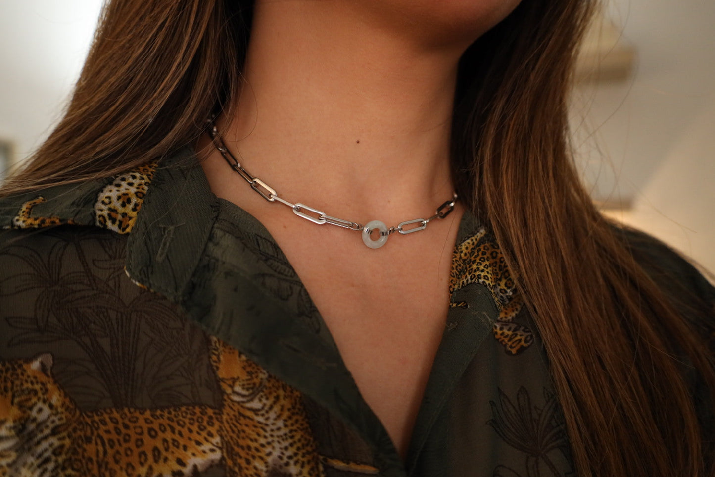 Happiness and Wealth Necklace with jade pendant, silver-plated, flat lay - Crowned
