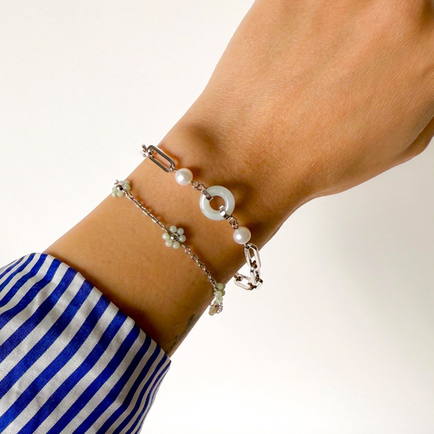 Harmony and Joy Bracelet with Grade A Burmese jade flower, white gold, alternate angle - Crowned