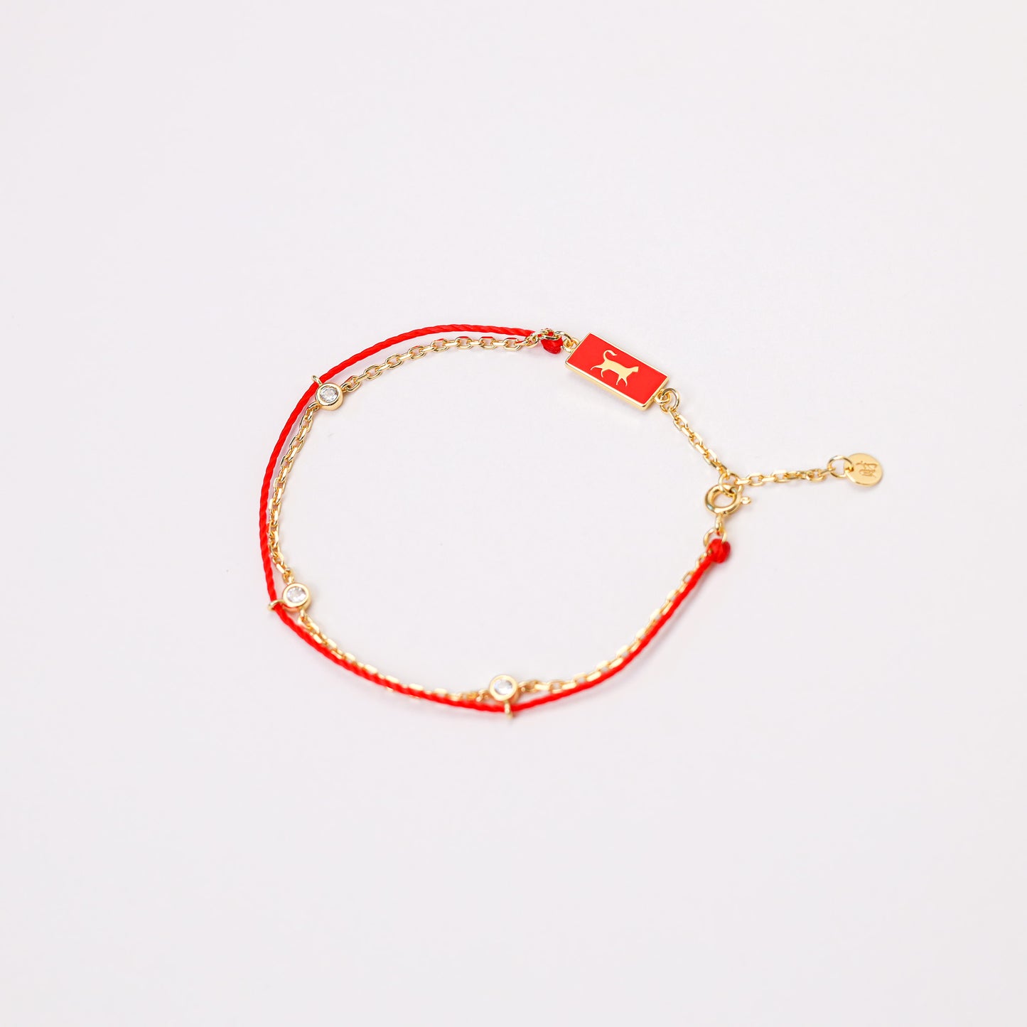 Cat zodiac red string bracelet with gold chain, alternate angle - Crowned
