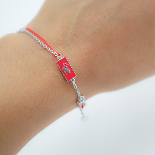 Rat zodiac red string bracelet with silver chain, close-up detail - Crowned