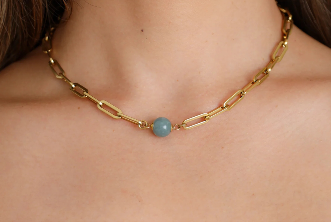 Crowned Jade of Prosperity necklace featuring Grade A Burmese jadeite pendant on 14K gold PVD stainless steel paperclip chain worn on model