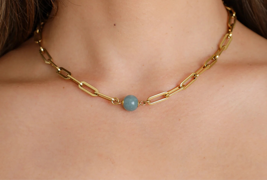 Crowned Jade of Prosperity necklace featuring Grade A Burmese jadeite pendant on 14K gold PVD stainless steel paperclip chain worn on model