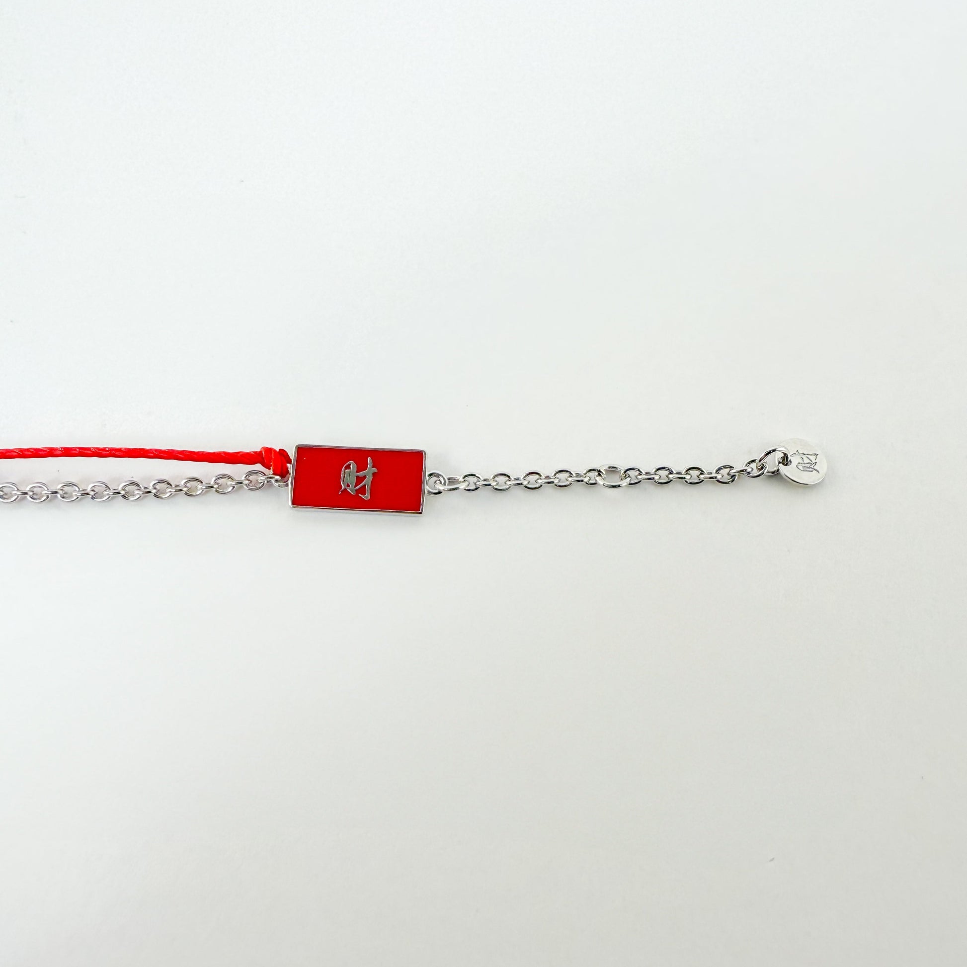 Heart Gold Red String Good Luck Bracelet in 14k white gold, flat lay - Crowned jewelry
