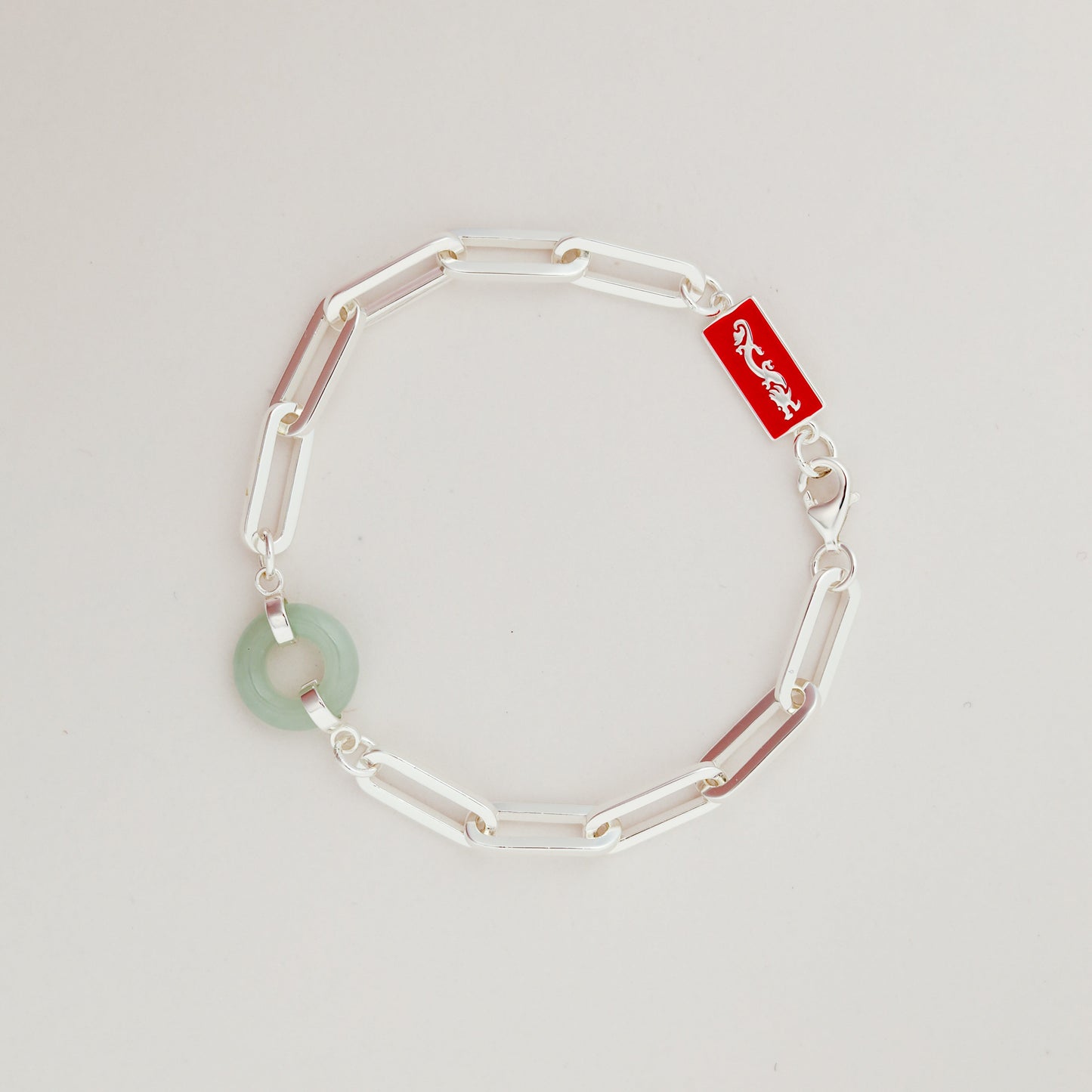 Dragon Happiness and Wealth Bracelet with Grade A Burmese jade, white gold, wrist view - Crowned