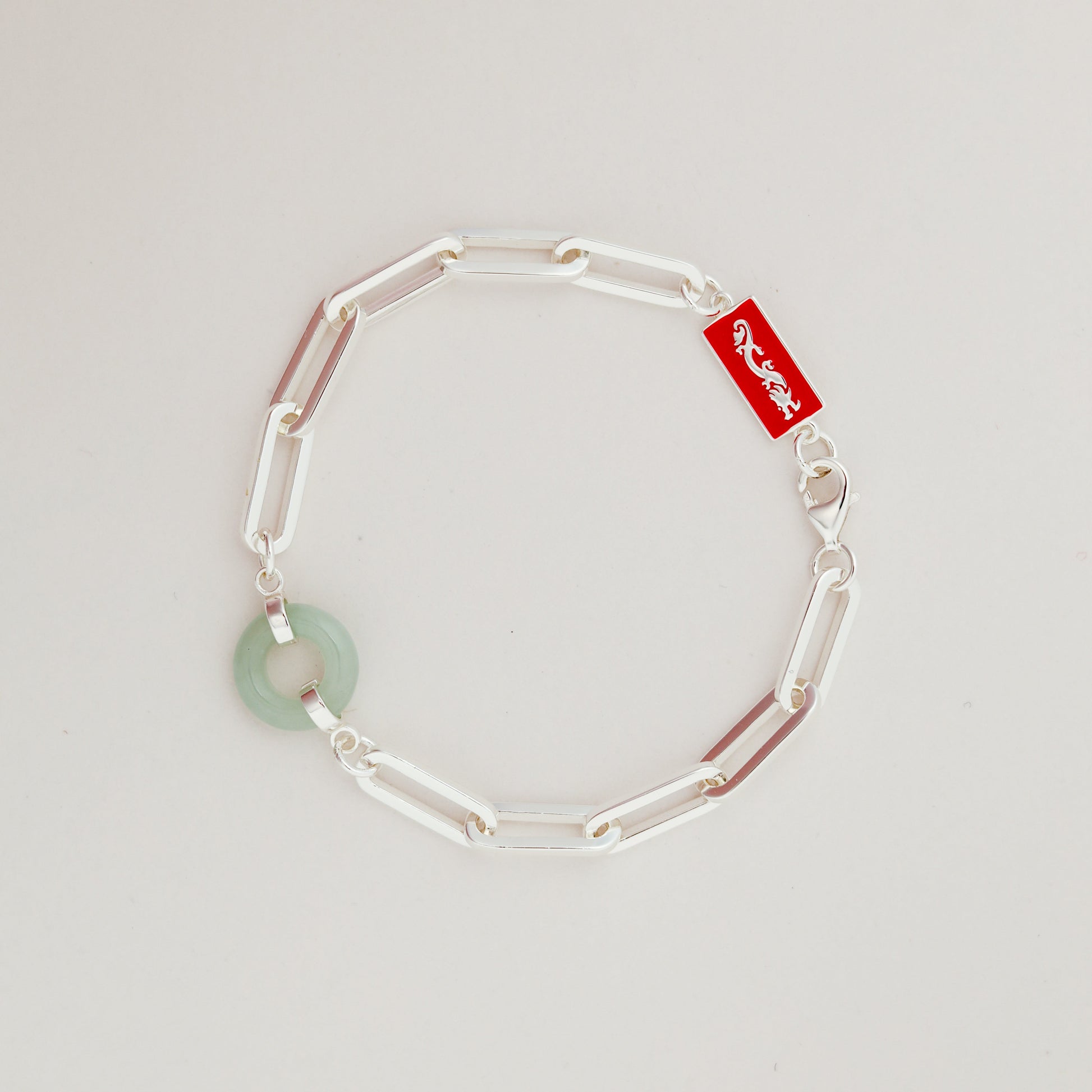 Dragon Happiness and Wealth Bracelet with Grade A Burmese jade, white gold, wrist view - Crowned