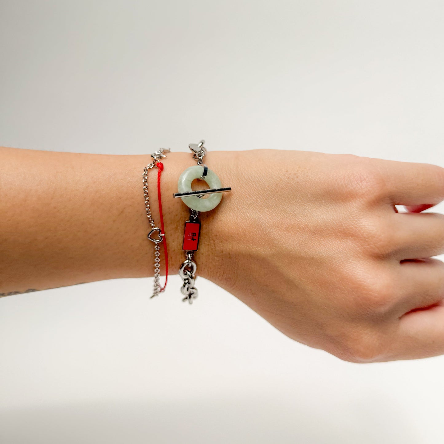 Full Blessing Wealth Bracelet with Grade A Burmese jade and wealth charm, silver, lifestyle shot