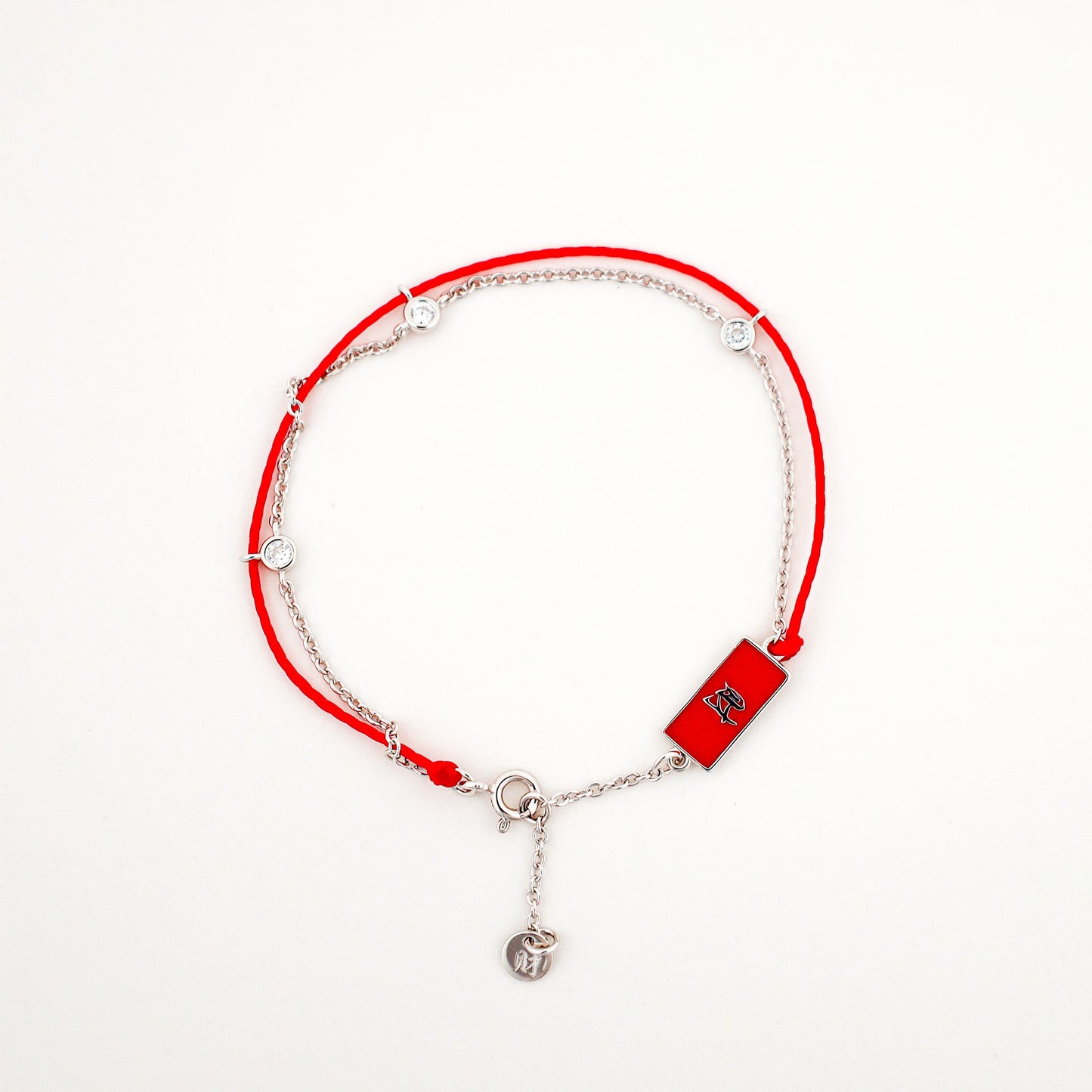 Gold Red String Good Luck Bracelet in 14k white gold, wrist view - Crowned jewelry
