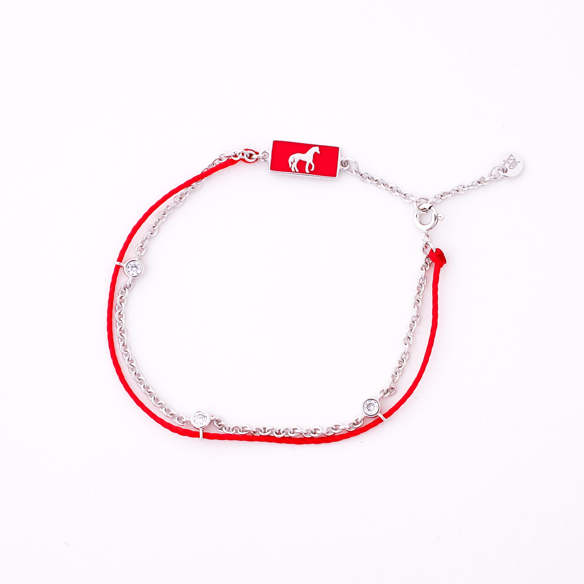 Horse zodiac red string bracelet with white gold chain, alternate angle - Crowned