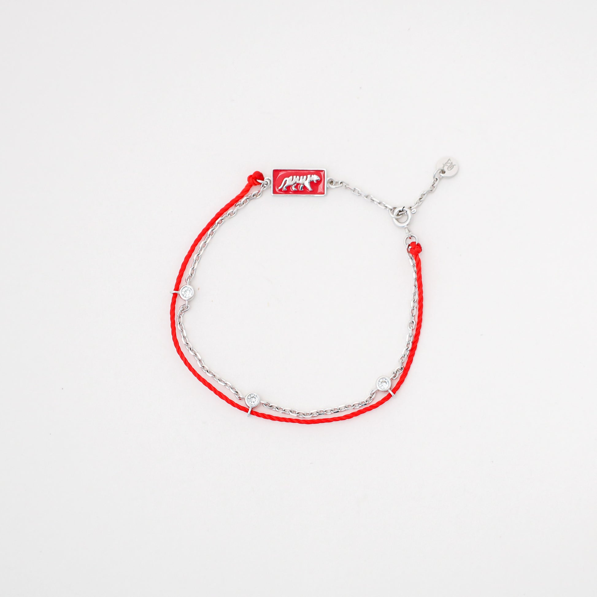 Tiger zodiac red string bracelet with silver chain - Crowned