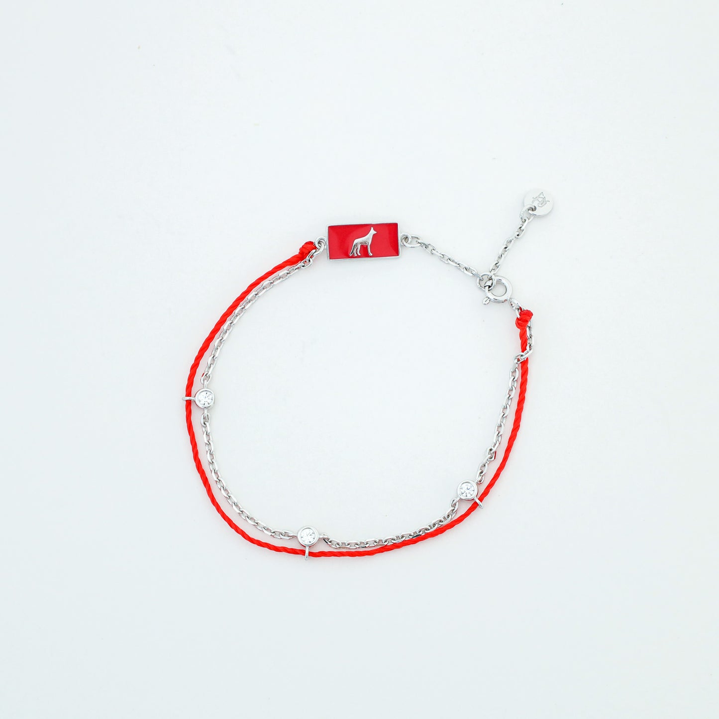 Dog zodiac red string bracelet with silver chain - Crowned