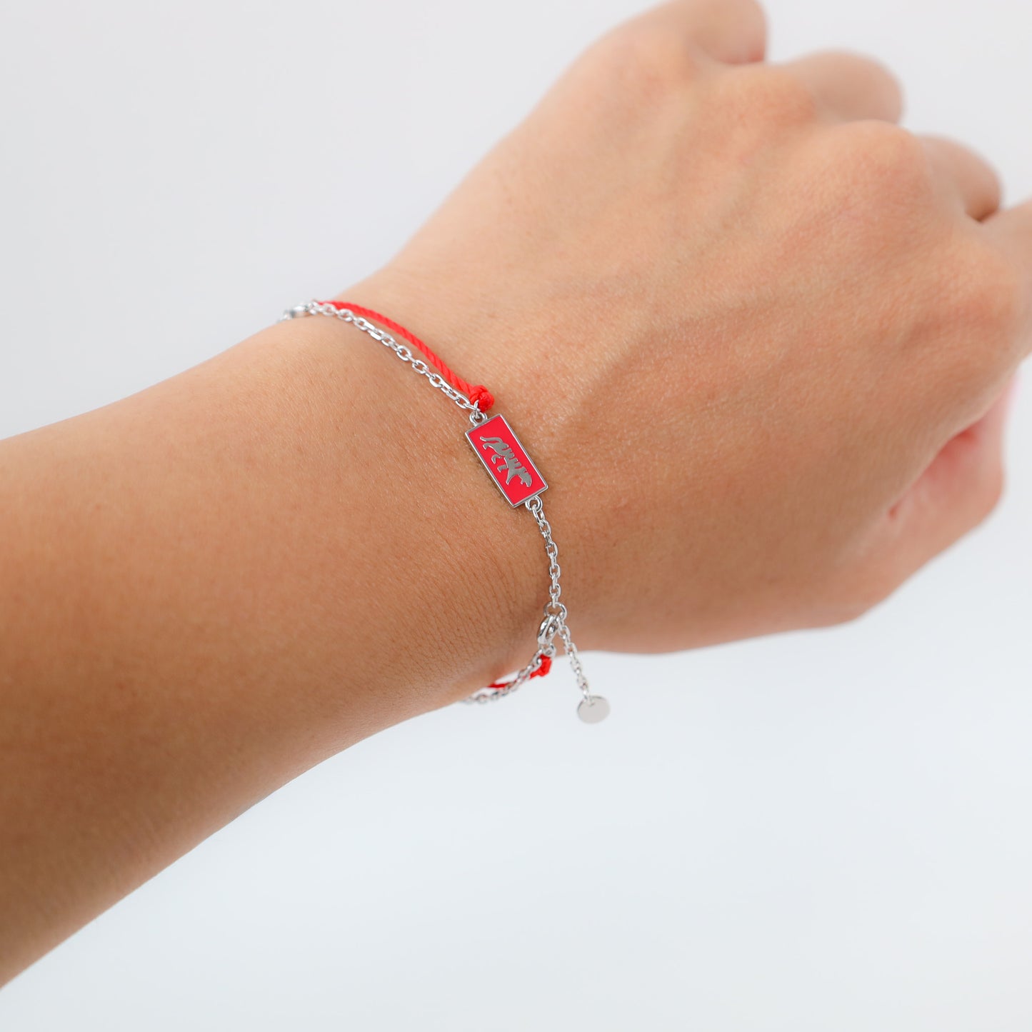 Tiger zodiac red string bracelet with silver chain, alternate angle - Crowned