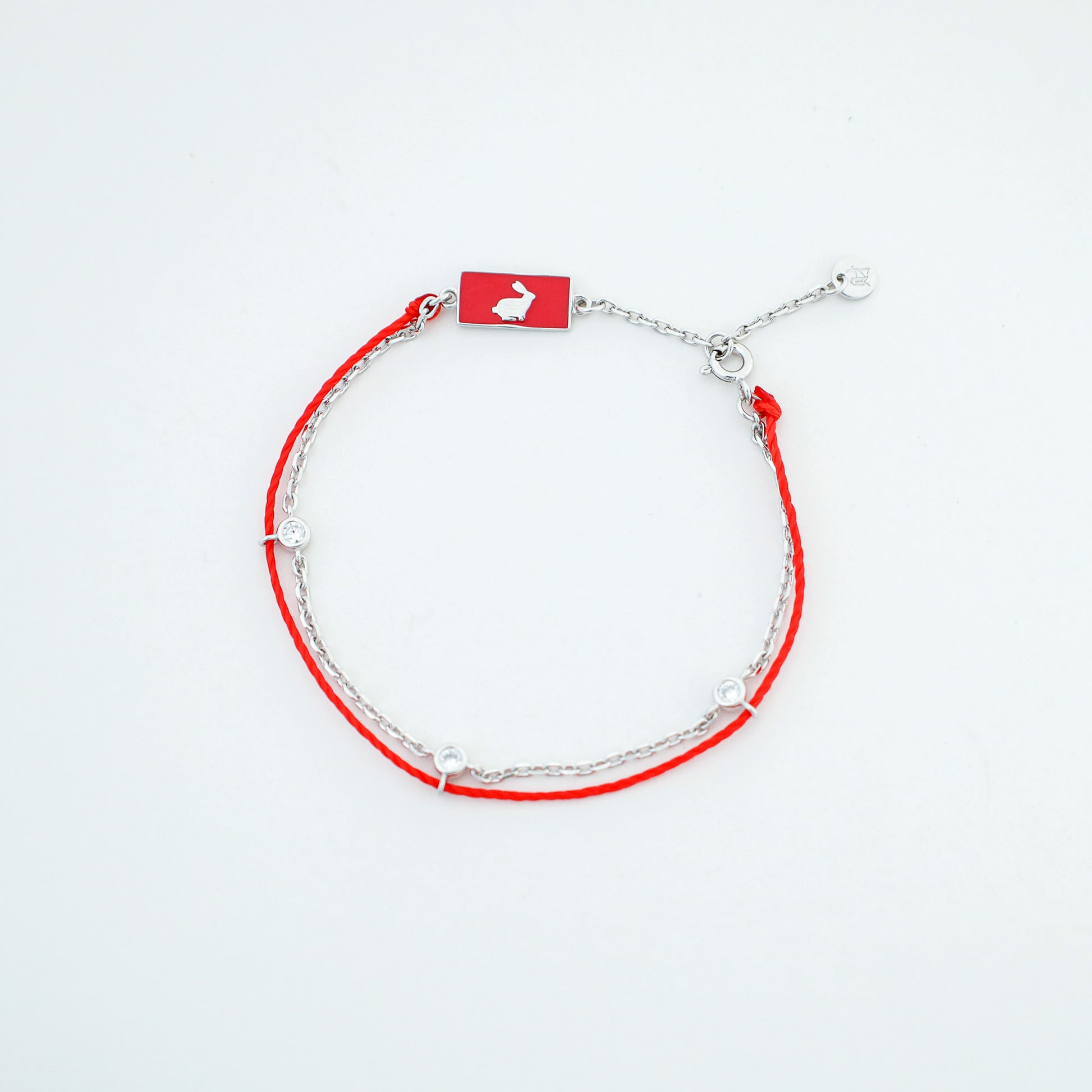 Rabbit zodiac red string bracelet with silver chain - Crowned