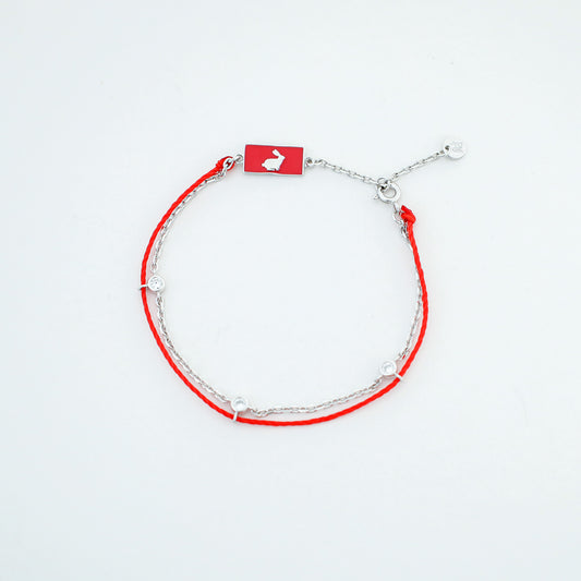 Rabbit zodiac red string bracelet with silver chain - Crowned