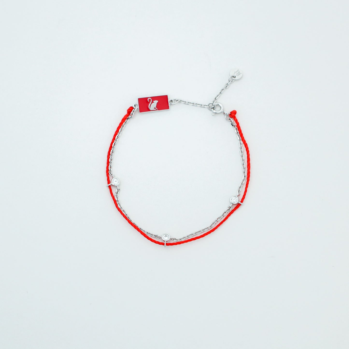 Monkey zodiac red string bracelet with silver chain - Crowned