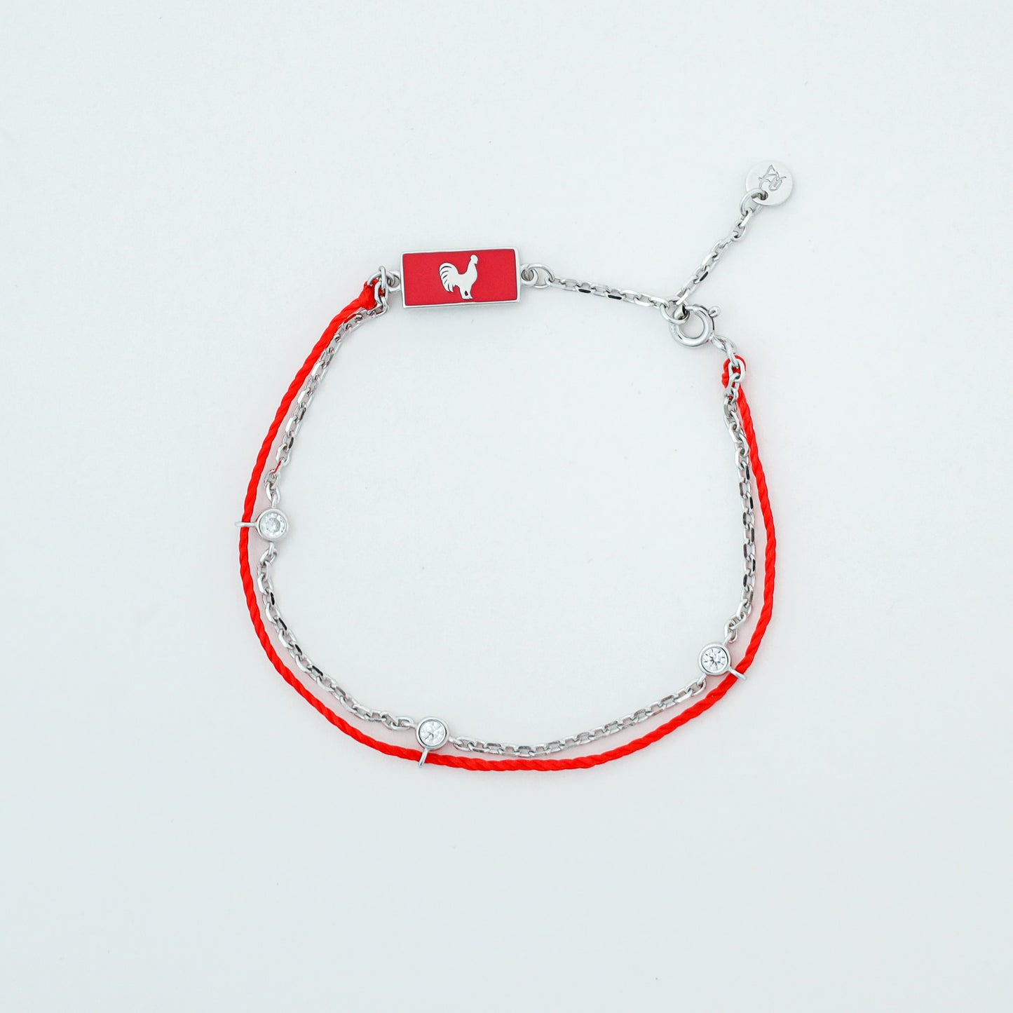 Rooster zodiac red string bracelet with silver chain - Crowned