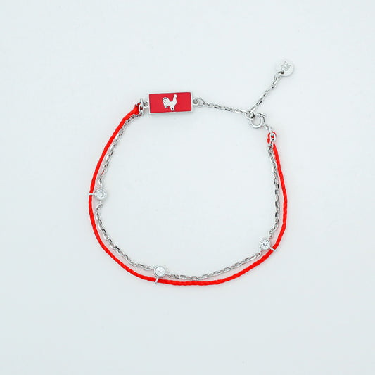 Rooster zodiac red string bracelet with silver chain - Crowned