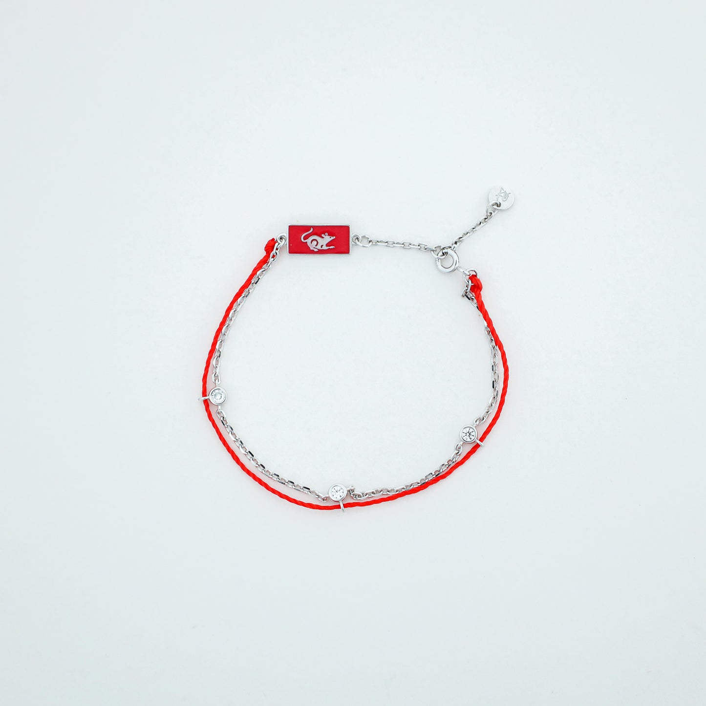 Rat zodiac red string bracelet with silver chain - Crowned