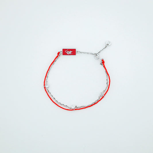 Rat zodiac red string bracelet with silver chain - Crowned