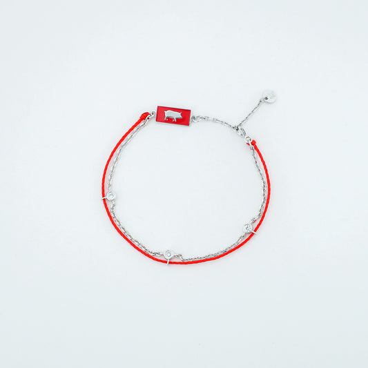 Pig zodiac red string bracelet with silver chain - Crowned