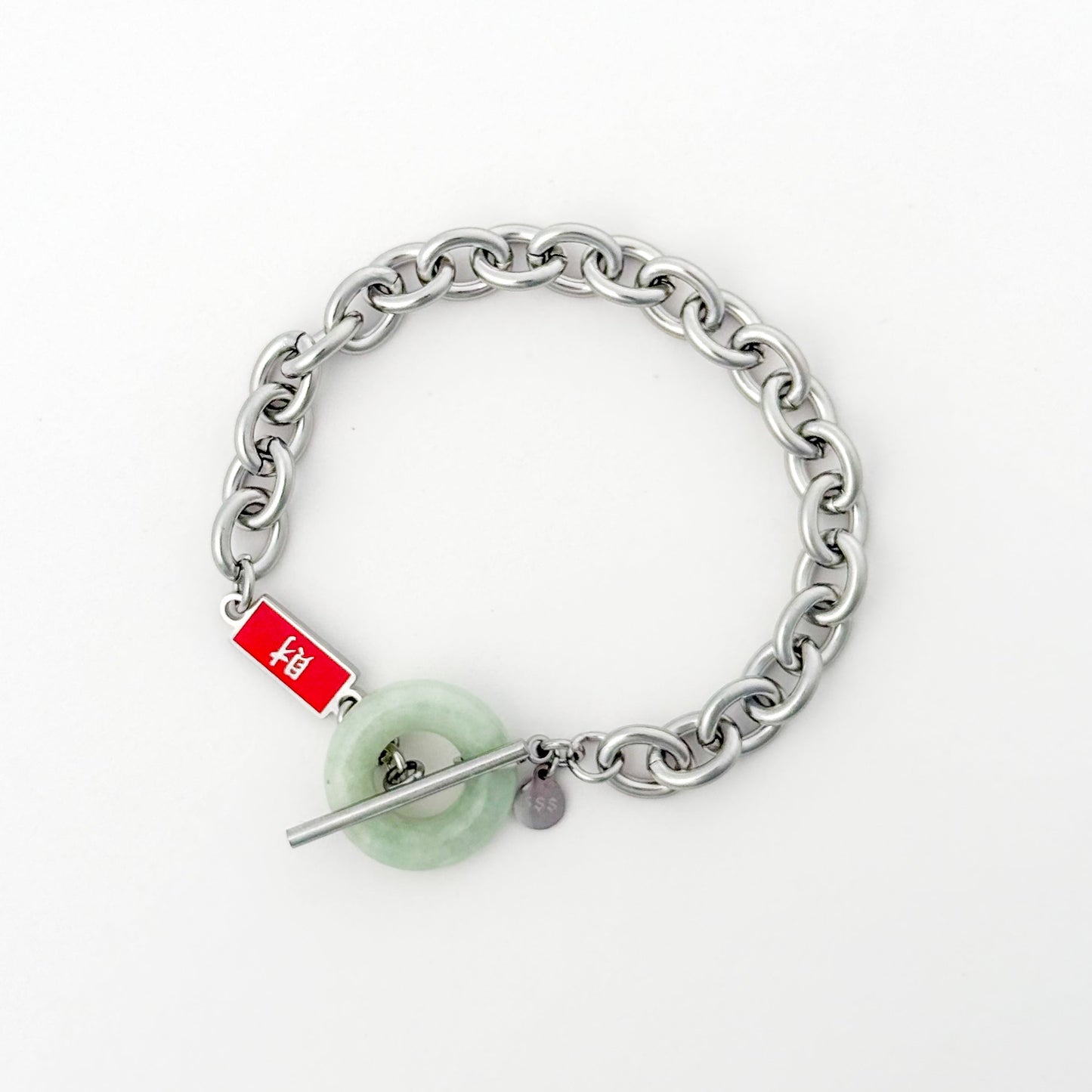 Full Blessing Wealth Bracelet with Grade A Burmese jade and wealth charm, silver
