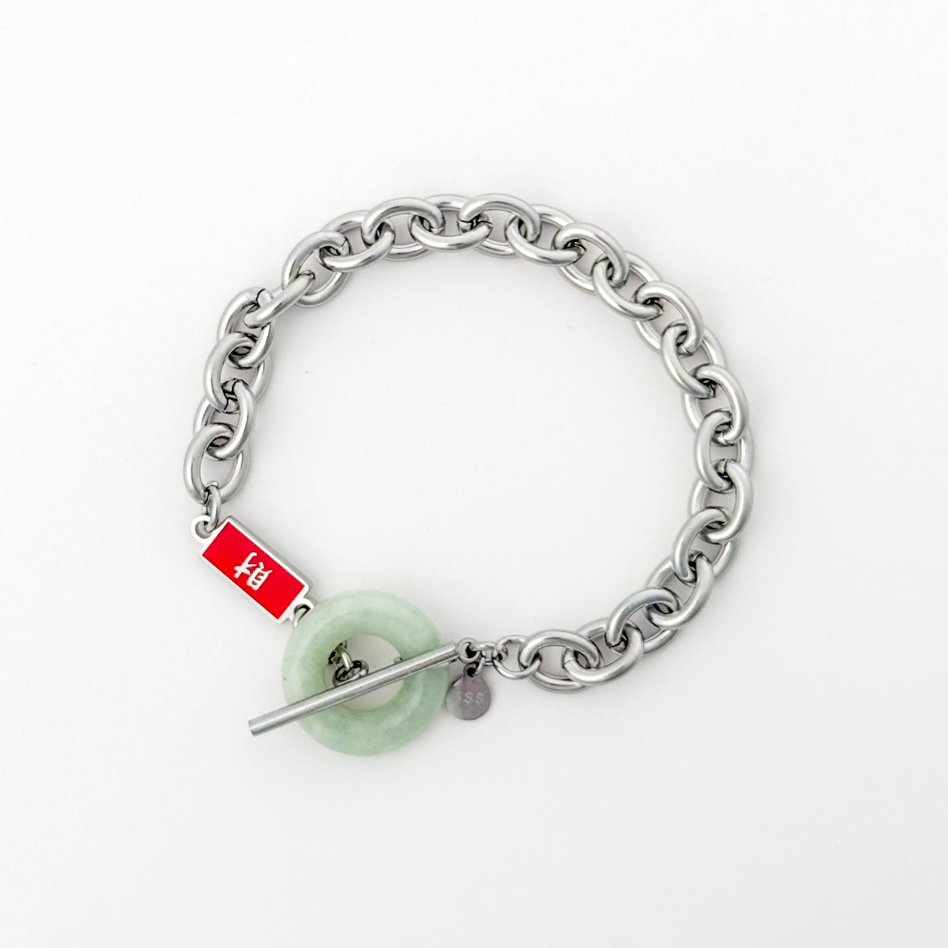 Full Blessing Wealth Bracelet with Grade A Burmese jade and wealth charm in silver, lifestyle shot - Crowned