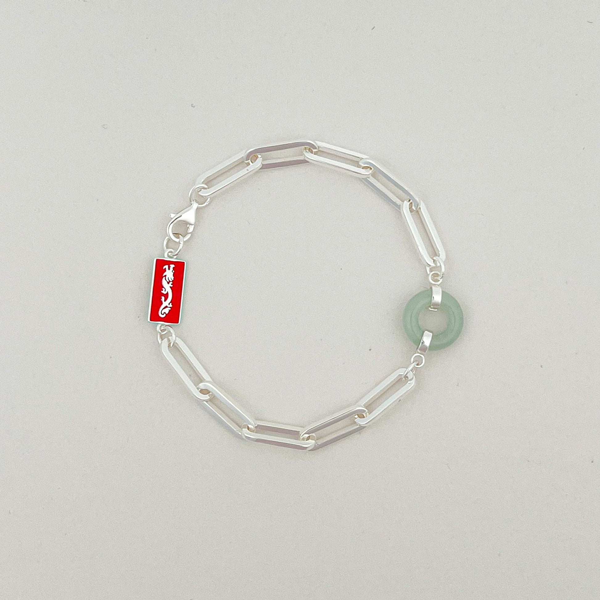 Dragon Happiness and Wealth Bracelet with Grade A Burmese jade, white gold - Crowned