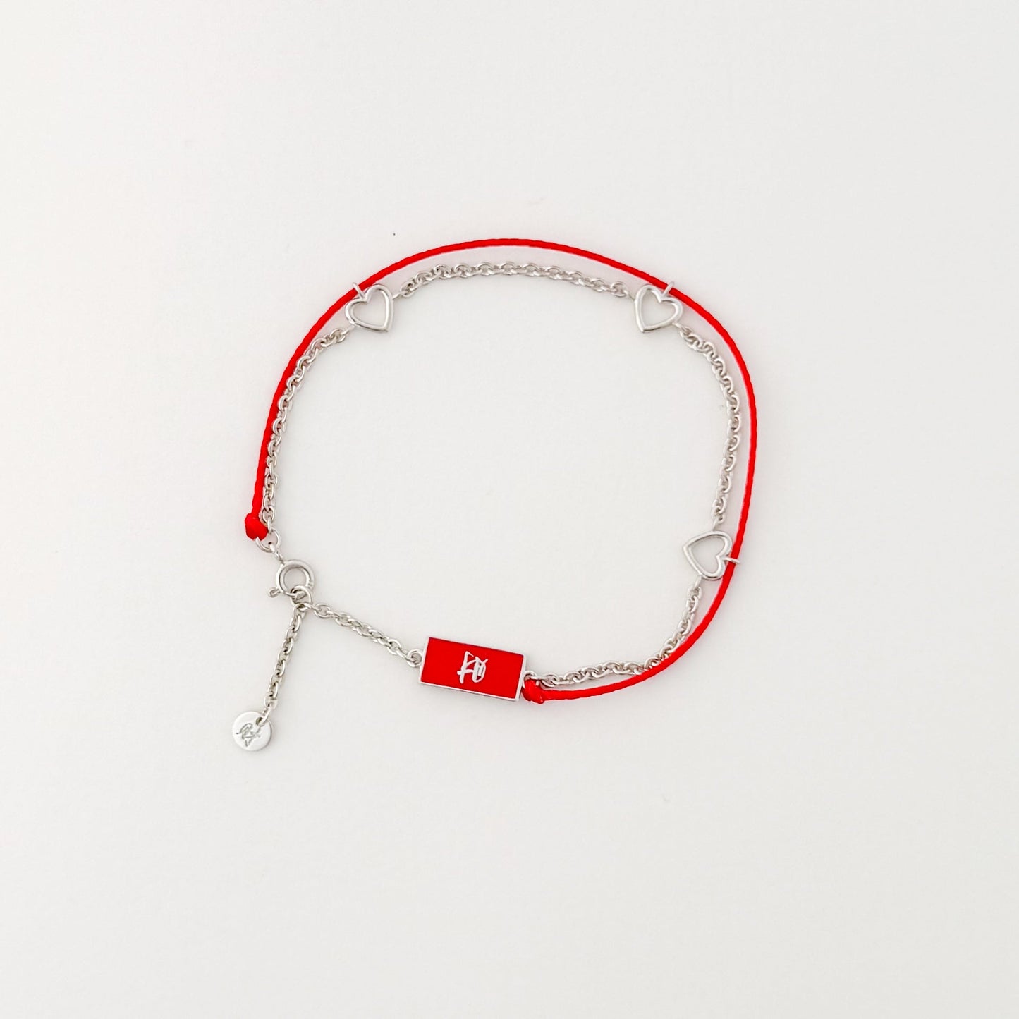 Heart Gold Red String Good Luck Bracelet in 14k white gold, flat lay - Crowned jewelry
