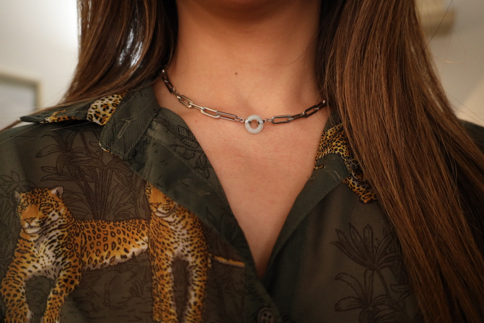 Happiness and Wealth Necklace with jade pendant, silver-plated, flat lay - Crowned