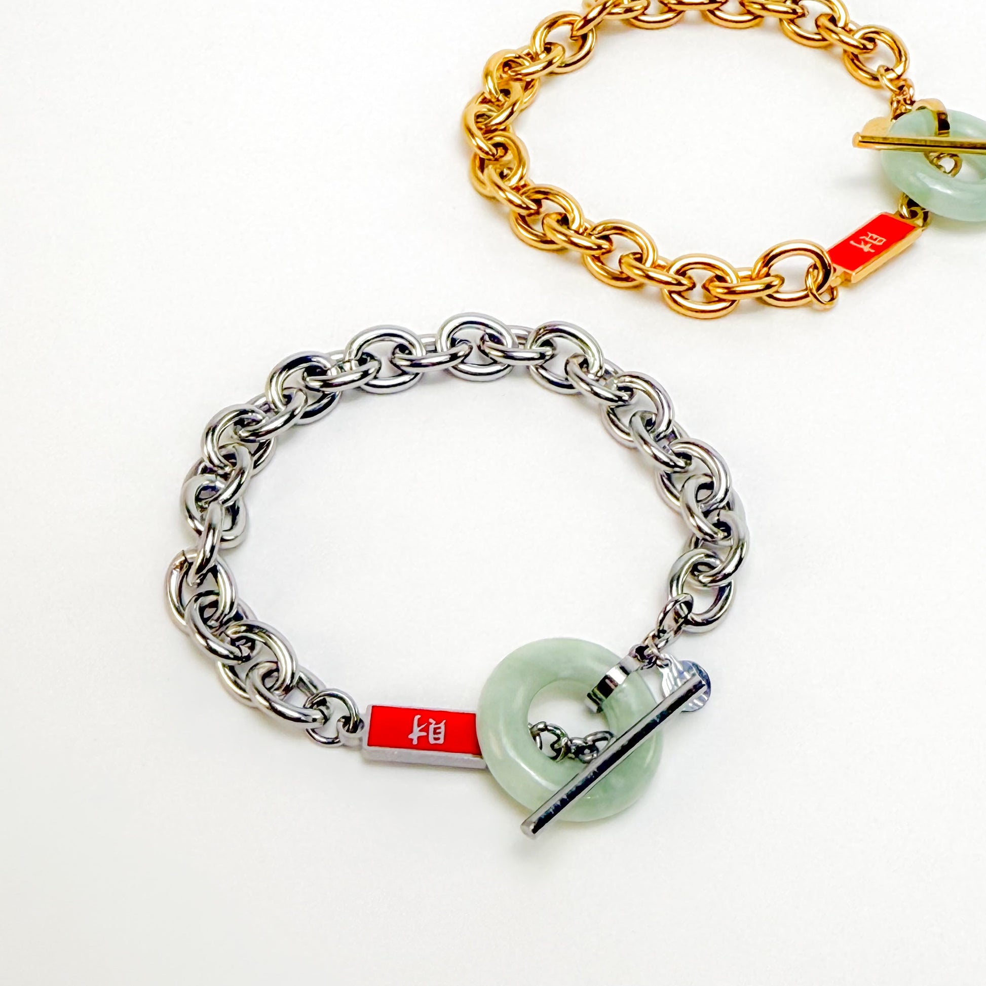 Full Blessing Wealth Bracelet with Grade A Burmese jade and wealth charm, silver, close-up detail