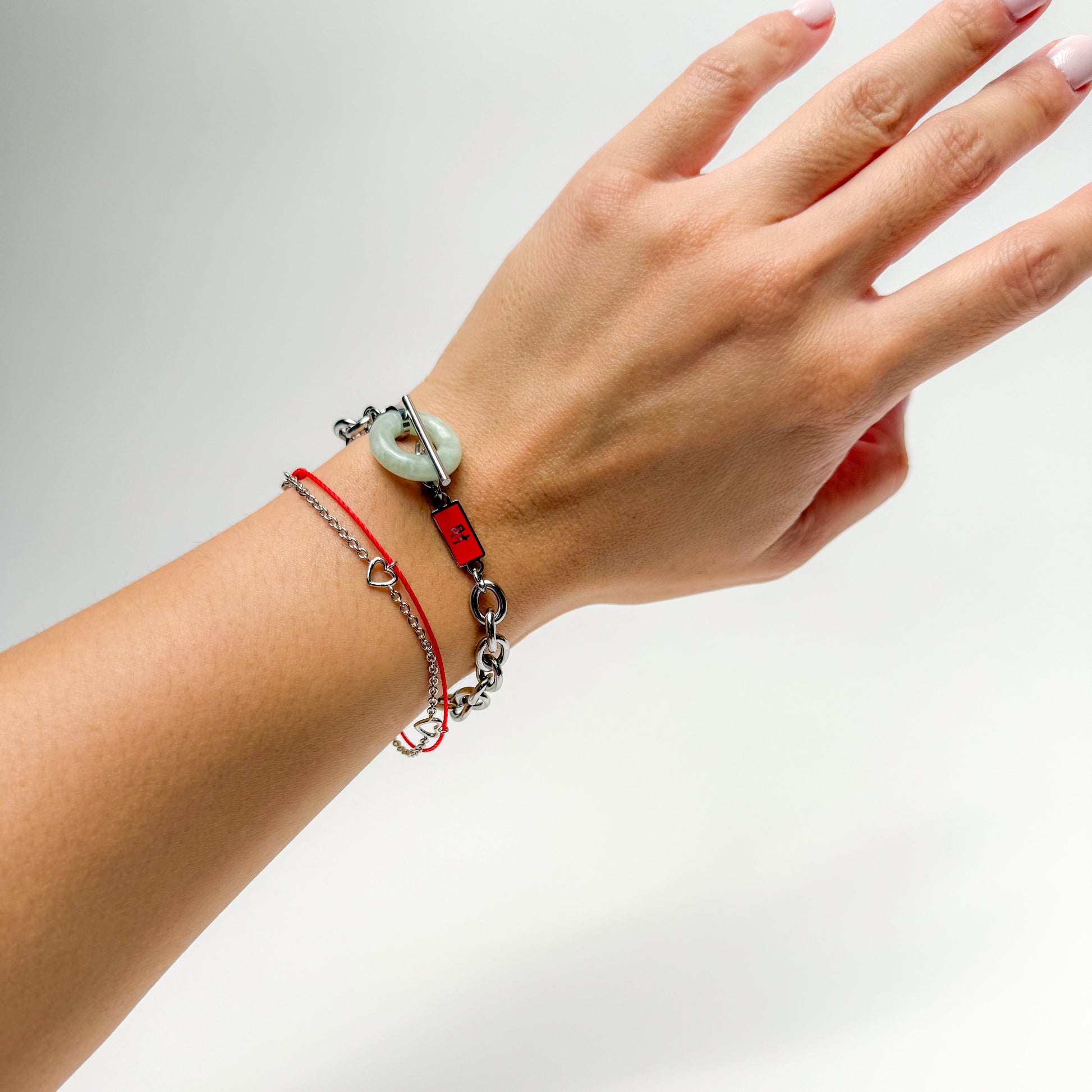 Full Blessing Wealth Bracelet with Grade A Burmese jade and wealth charm, silver, wrist view