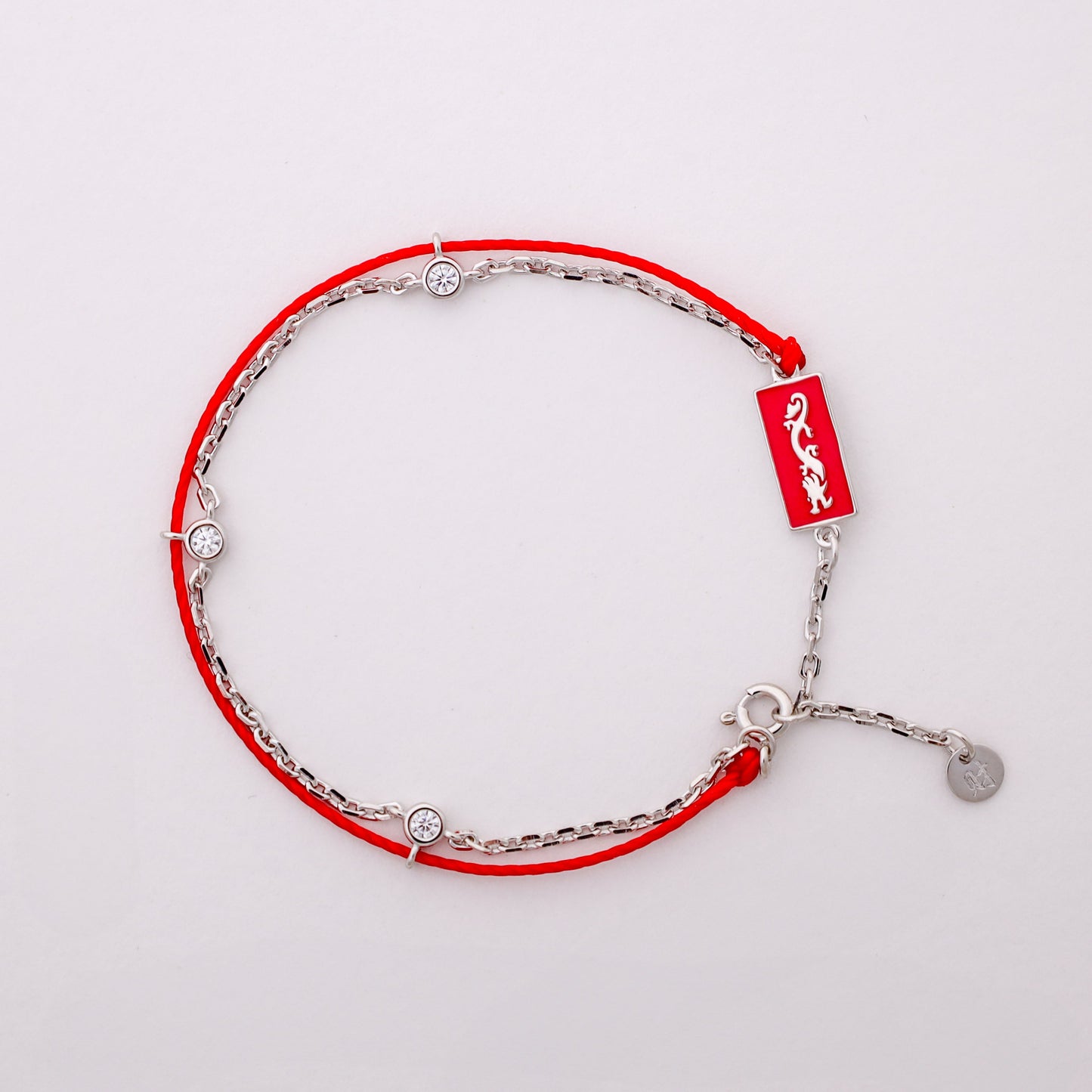 Dragon zodiac red string bracelet with white gold chain, alternate angle - Crowned