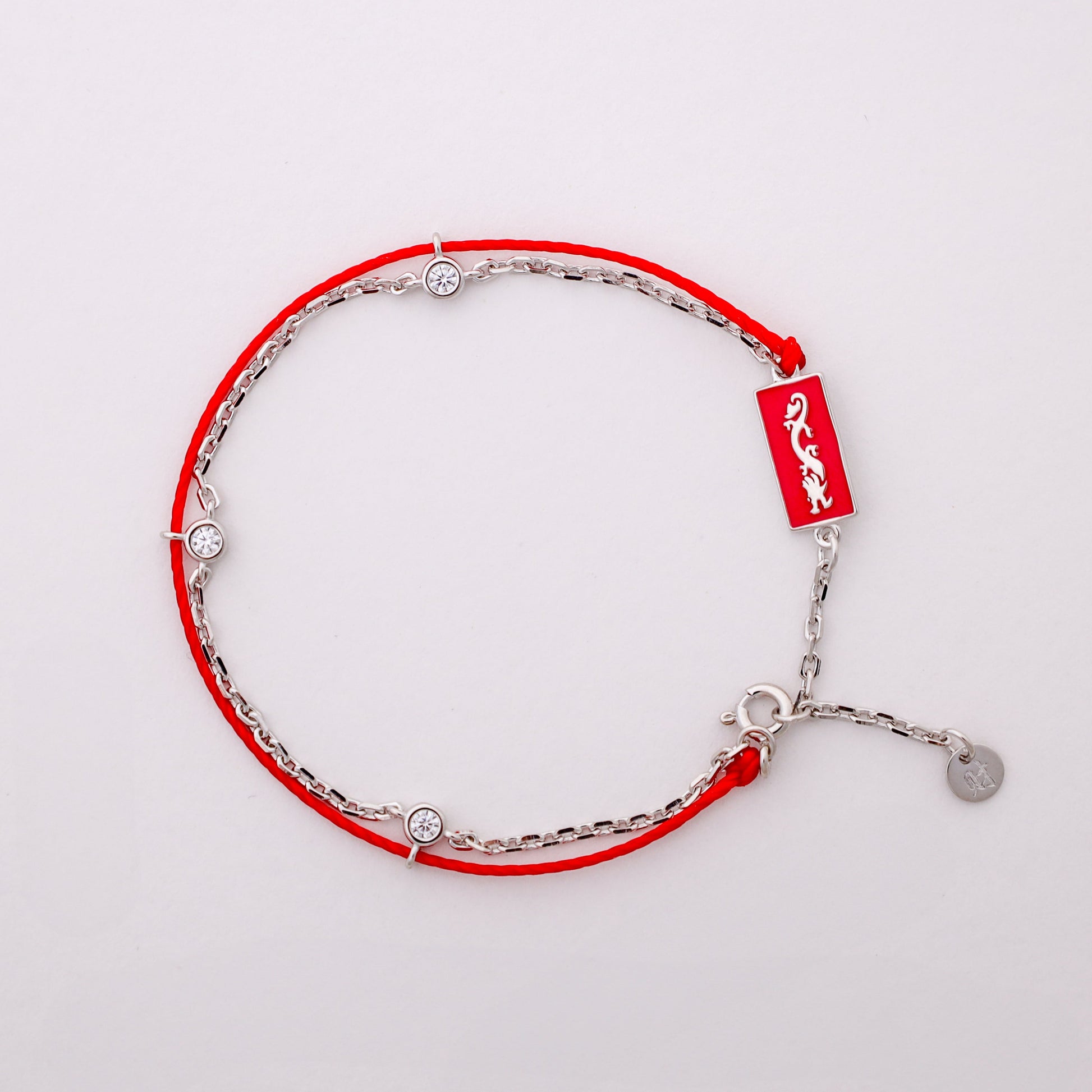 Dragon zodiac red string bracelet with white gold chain, alternate angle - Crowned