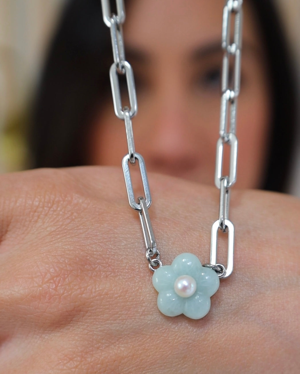 Endless Blessings Necklace with jade pendant in silver, lifestyle shot - Crowned
