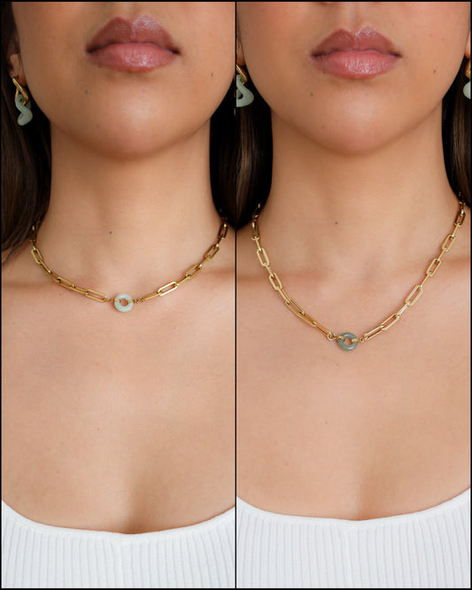 Happiness and Wealth Necklace with jade pendant, gold-plated, lifestyle shot - Crowned