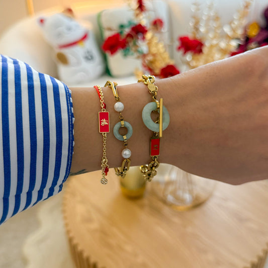 Crowned Red String Bracelet and Jade Bracelets stack