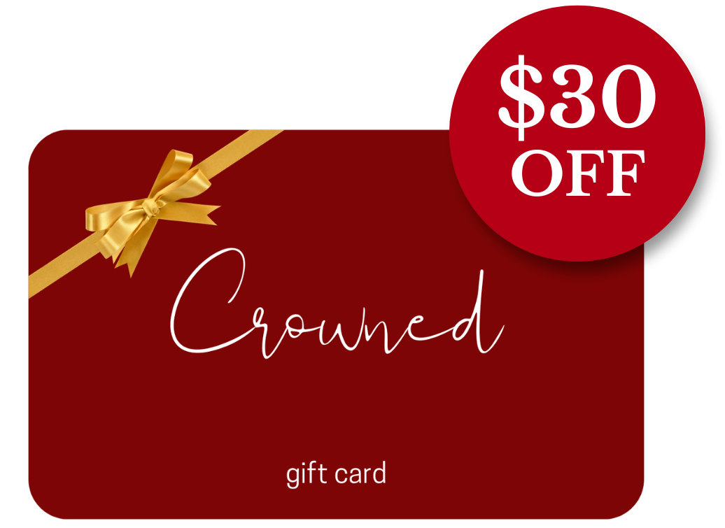Red gift card with a gold bow and $30 off label on a white background