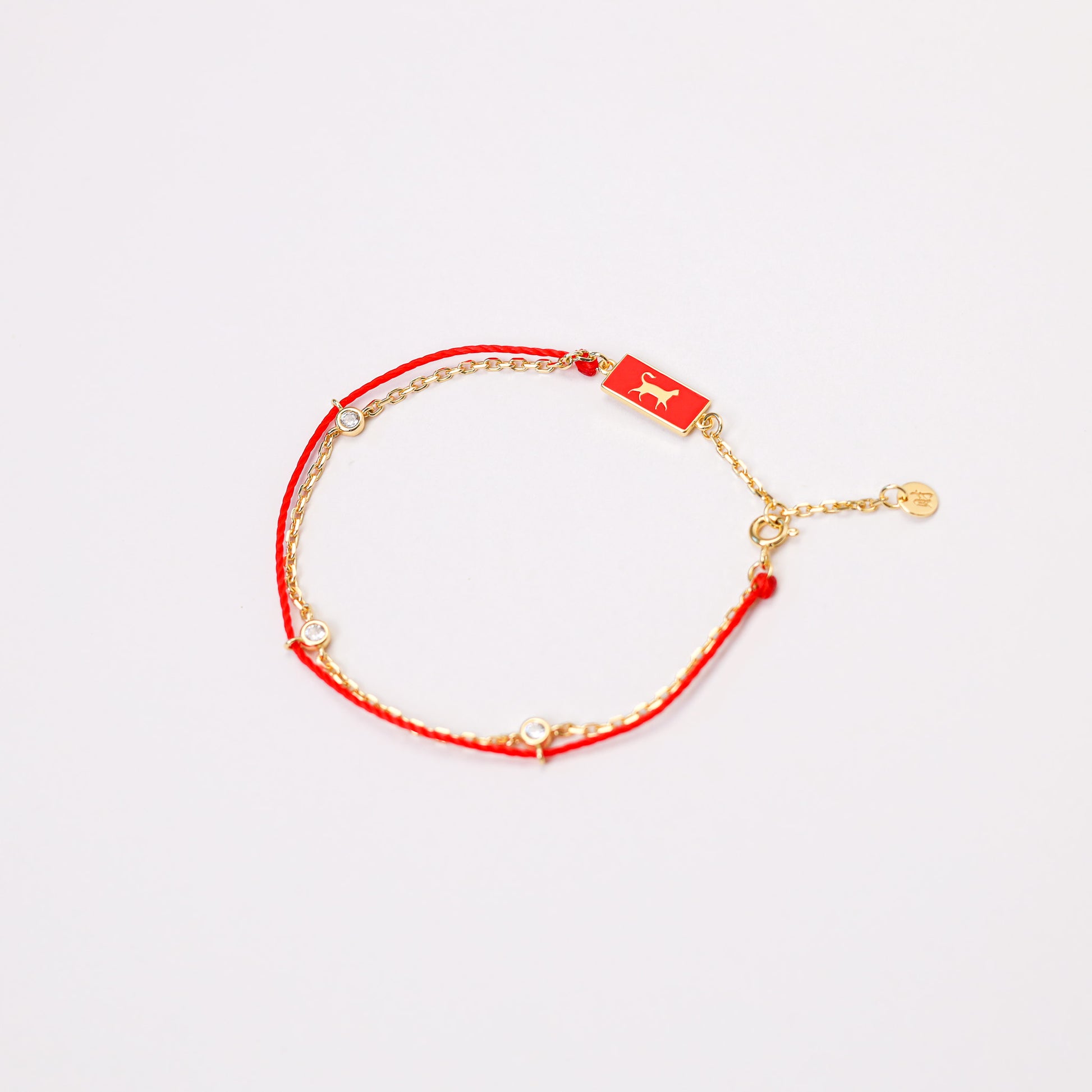 Cat zodiac red string bracelet with gold chain, alternate angle - Crowned
