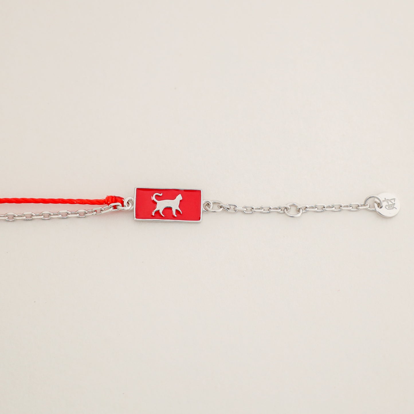 Cat zodiac red string bracelet with silver chain, alternate angle - Crowned