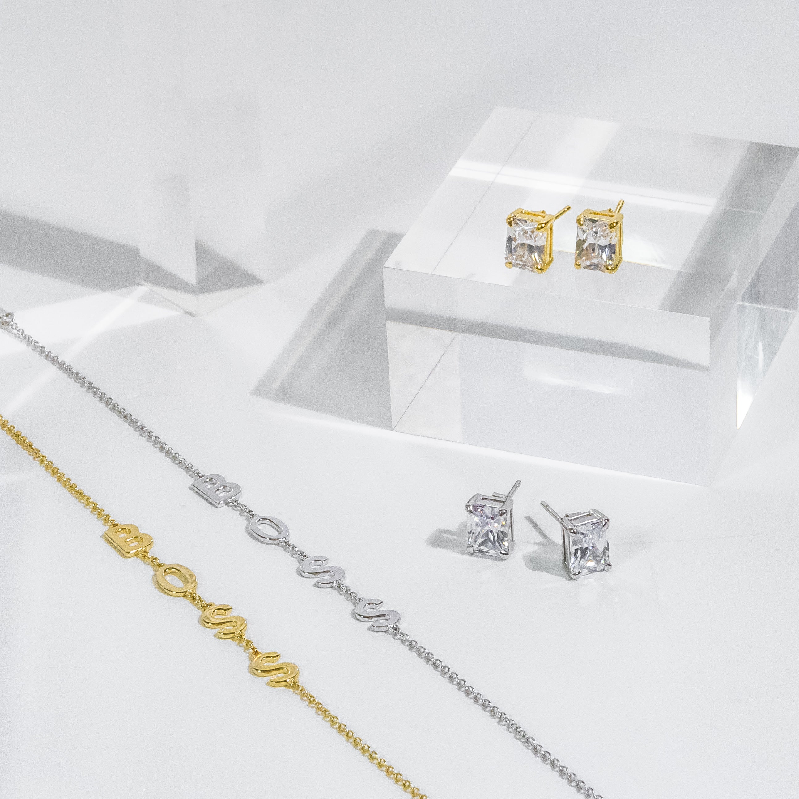 BOSS Stunning Studs Earrings and Chain Bracelets in Gold, White Gold, and Silver