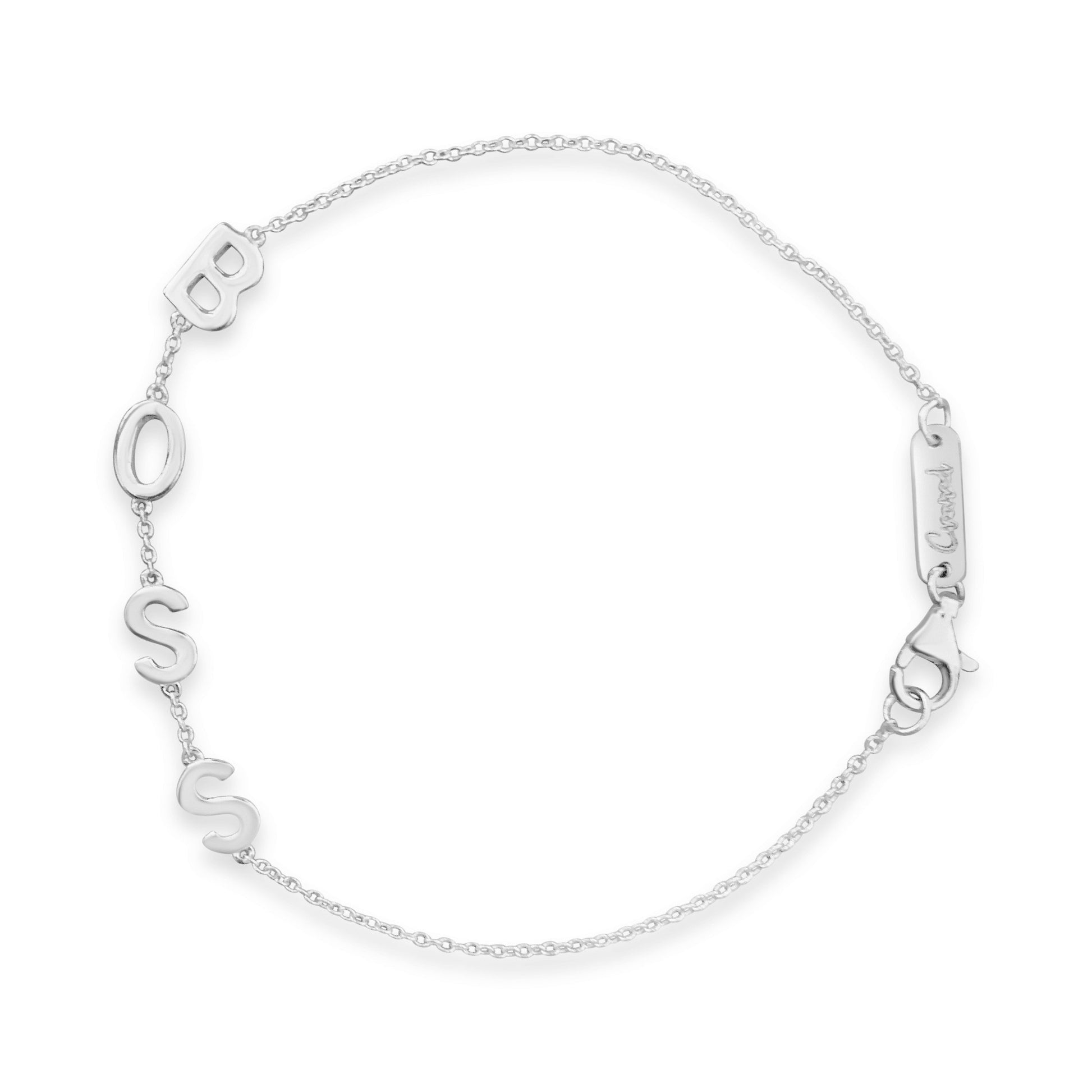 BOSS Chain Bracelet, Built On Self Success white gold bracelet, flat lay - Crowned
